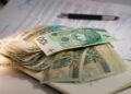 Stack of polish currency banknotes on papers.